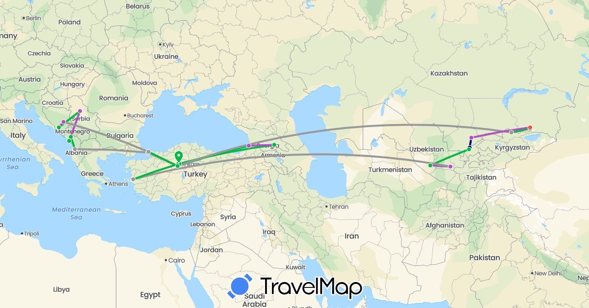 TravelMap itinerary: driving, bus, plane, train, hiking in Albania, Bosnia and Herzegovina, Georgia, Kyrgyzstan, Kazakhstan, Montenegro, Serbia, Turkey, Uzbekistan (Asia, Europe)